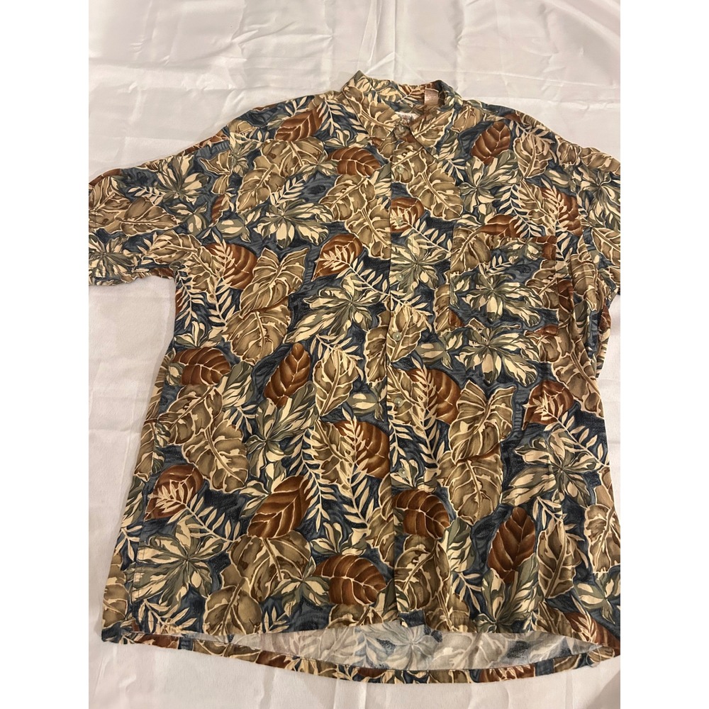 Campia Moda Button Up Shirt Mens Large Hawaiian Tropical Leaf Rayon Aloha AOP